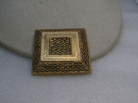 Vintage Filigree Raised Square Brooch, 1960's, Gold Tone, 2"