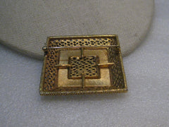 Vintage Filigree Raised Square Brooch, 1960's, Gold Tone, 2"