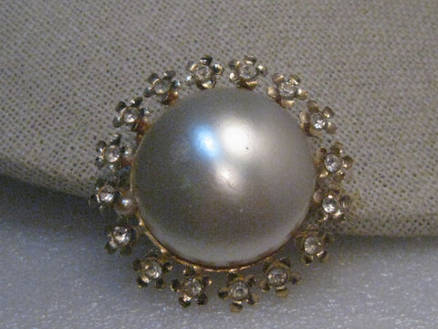 Vintage Faux Pearl Rhinestone Brooch, 1950's/1960's, 1.5" Round, Gold Tone