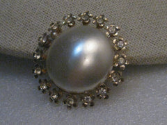 Vintage Faux Pearl Rhinestone Brooch, 1950's/1960's, 1.5" Round, Gold Tone