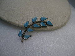 Vintage Southwestern Sterling Turquoise Brooch, Branch/Leaves, 2" Long, signed