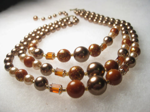 Vintage Mid-Century Multi-Strand Mocha Pearly & Amber Beaded Choker Necklace, Gold Fleck Accents, 14-16", extender Chain, signed Japan
