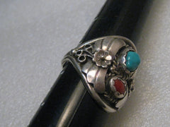 Southwestern Sterling Turquoise Coral Men's Ring, Vintage, Size 13, 11.28 gr., 1970's