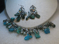 Vintage Faux Turquoise Pearl Charm Bracelet & Clip Earring Set, 1960's, Rare - Southwestern and Boho appeal.