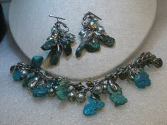 Vintage Faux Turquoise Pearl Charm Bracelet & Clip Earring Set, 1960's, Rare - Southwestern and Boho appeal.