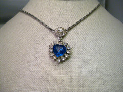 Vintage Silver Tone Blue Rhinestone Heart, Lady Dianna Style Necklace/Choker, 15.5"