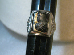 Vintage Men's Double Intaglio Ring, Black/White, Roman Soldiers, Phoenix accent, sz. 11.5, Stainless Steel