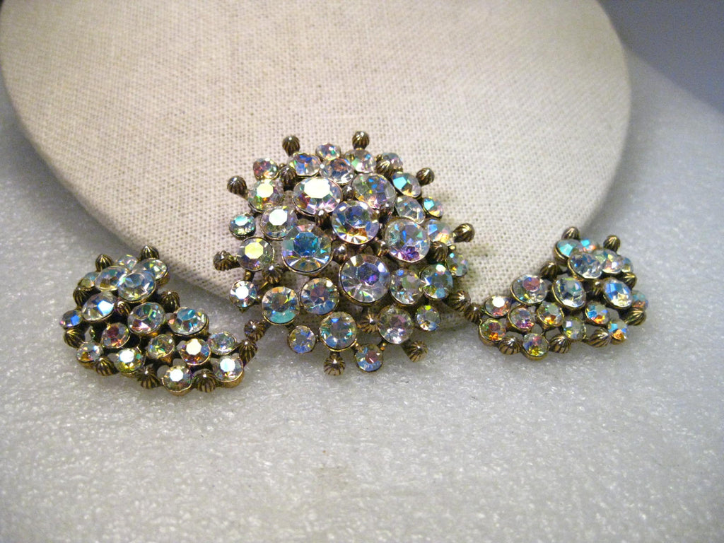 Vintage Aurora Borealis Rhinestone Brooch & Clip Earrings set, signed Claudette, Gold Tone, 1940-1950's