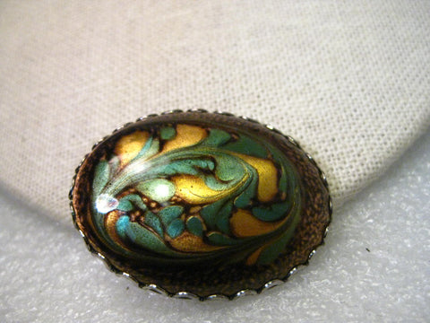 Vintage Swirled Art Glass in Sage, Gold, Chocolate Art Glass Oval Brooch, Bezel Set. 1.75" - Better than Photos