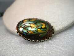 Vintage Swirled Art Glass in Sage, Gold, Chocolate Art Glass Oval Brooch, Bezel Set. 1.75" - Better than Photos