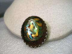 Vintage Swirled Art Glass in Sage, Gold, Chocolate Art Glass Oval Brooch, Bezel Set. 1.75" - Better than Photos