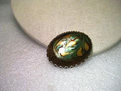 Vintage Swirled Art Glass in Sage, Gold, Chocolate Art Glass Oval Brooch, Bezel Set. 1.75" - Better than Photos