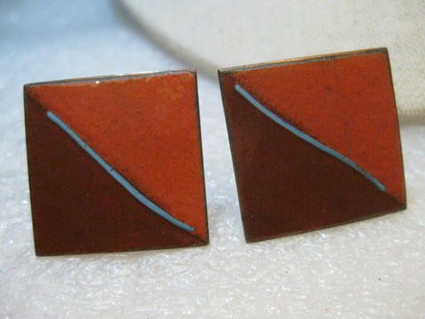 Vintage Copper Enameled Cuff Links, Pumpkin/Brown, 1" square, 1980's Retro - Unisex
