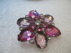 Pair Rhinestone Blossom Barrettes, Pink and Clear,  1.75", Tiered, 1980's