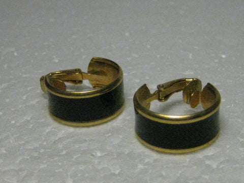 Vintage 1960's Goldtone Black Enameled Wide Petite Hoop Clip-on Earrings, 3/4" long, 1/3" wide