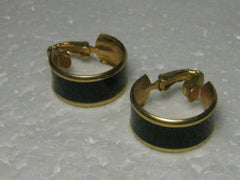 Vintage 1960's Goldtone Black Enameled Wide Petite Hoop Clip-on Earrings, 3/4" long, 1/3" wide