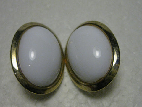 Vintage 1970's/80's Goldtone Large Oval Clip Earrings with White Domed Center, 1.25"