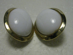 Vintage 1970's/80's Goldtone Large Oval Clip Earrings with White Domed Center, 1.25"