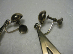 Vintage 1960/1970's Goldtone Long Pointed Open Center Dangle Clip earrings with Button Stud, 2.75"