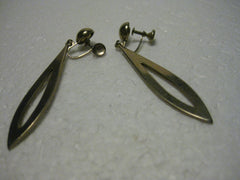 Vintage 1960/1970's Goldtone Long Pointed Open Center Dangle Clip earrings with Button Stud, 2.75"