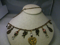 Brassy Gold Tone Charm Necklace, 22", hearts, angels, rose beads, moon & more, 1990's