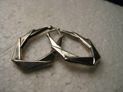 Vintage Sterling Silver  Angled  Hoop Pierced Earrings, Locking Hinged Post,  1.25"