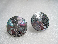 Vintage Silvertone Round Leaf Design Button Screwback Earring