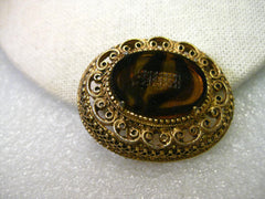 Vintage Amber Brown Glass Brooch, signed Florenza, Mid-Century, Cameo Style