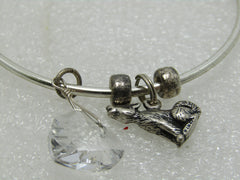 Sterling Silver Wolf & Heart Bangle Charm Bracelet, Hook Clasp, 6.75", 2mm