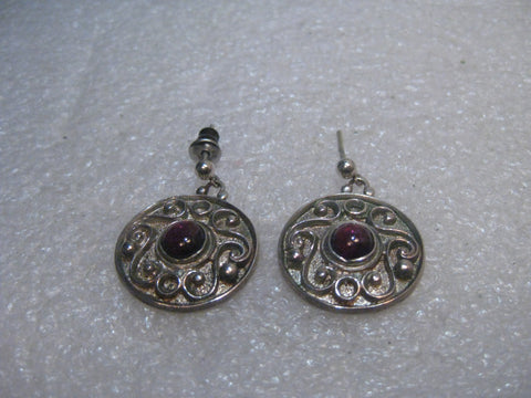 Sterling Silver Scrolled Pierced Earrings, Round Amethyst Stone, 7/8", 7.40 Grams, 1970's-1980's