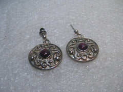 Sterling Silver Scrolled Pierced Earrings, Round Amethyst Stone, 7/8", 7.40 Grams, 1970's-1980's