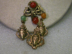 Vintage Retro Roman Style Brooch with Dangling Urn Charms and Beads, 3.75" - Gold tone