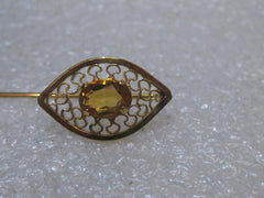 Vintage 14kt Overlay Stick Pin, Yellow Stone, Filigree, In Van Dell Box, 1960's, 2.5"