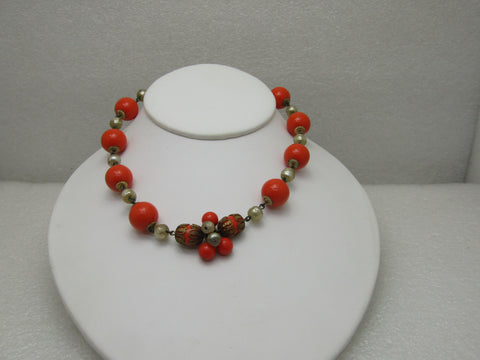Vintage Faux Pearl & Orange Beaded Necklace, 15", 1940's-1950's, Filigree Accents