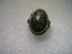 Vintage Sterling Silver Rustic Turquoise in Brown Polished Rock Bedouin/Bali/Ethnic Ring, size 8, Oval