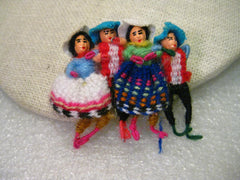 Vintage Hand Made Ethic Wool Woven &  Wrapped Doll Brooch, 2 Men, 2 Women, 1.5"