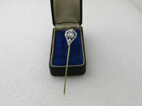Vintage Art Deco Platinum/14k Filigree Diamond Stick Pin, .10 CTW